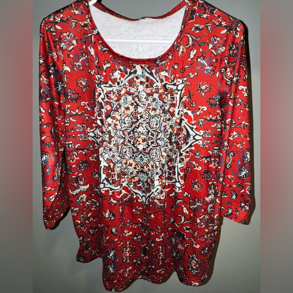 Mandala Retro Colourful Pleated Women’s Top with Quarter Length Sleeves Small